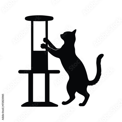 Silhouette of cat stretching and scratching a tall scratching post, feline enrichment, cat scratching furniture silhouette vector illustration