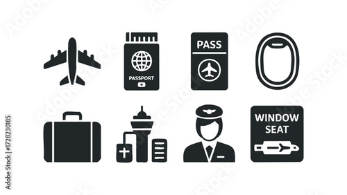 Aircraft travel icons including airplane, passport, luggage, pilot, and window seat. Vector hand drawn illustration