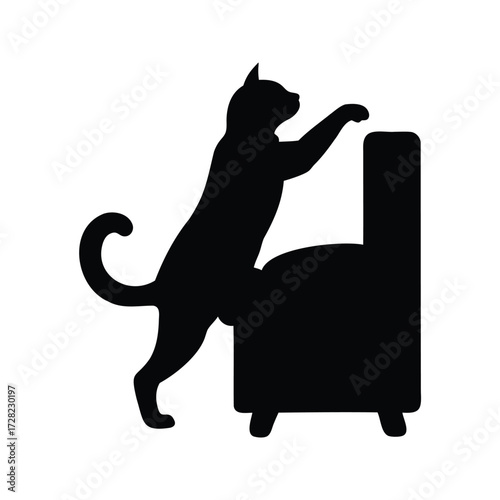 Silhouette of a cat scratching furniture, a chair or couch, with its paws, cat scratching furniture silhouette vector illustration