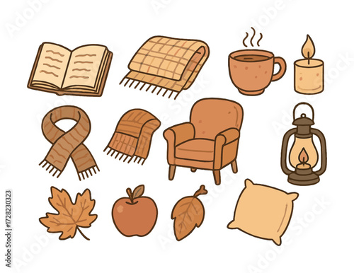 Cozy autumn elements: book, blanket, hot drink, candle, scarf, armchair, lantern