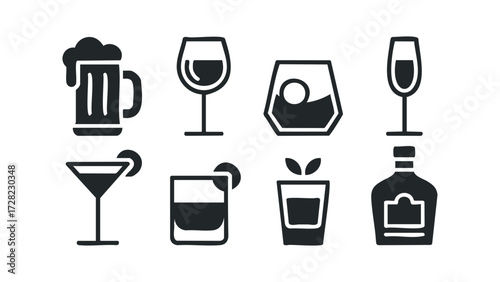 Set of eight different drinking glasses and bottle icons. Vector hand drawn illustration