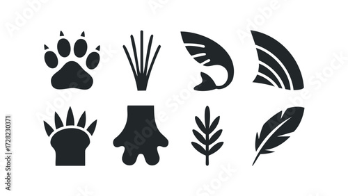 Collection of diverse wildlife and nature silhouette icons. Vector hand drawn illustration