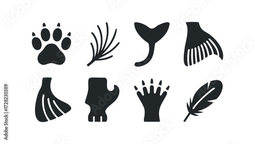 Collection of diverse animal and natural symbol icons. Vector hand drawn illustration