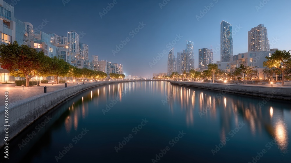 Naklejka premium Night City Skyline Reflection with Cinematic HDR Urban Photography and Teal Water Lit Buildings and Trees along Embankment at Twilight