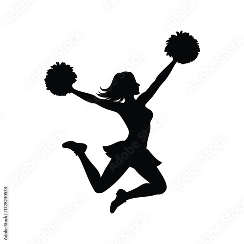 Silhouette of a cheerleader leaping with pom poms, black and white image, cheerleader dancing with pom poms silhouette vector illustration