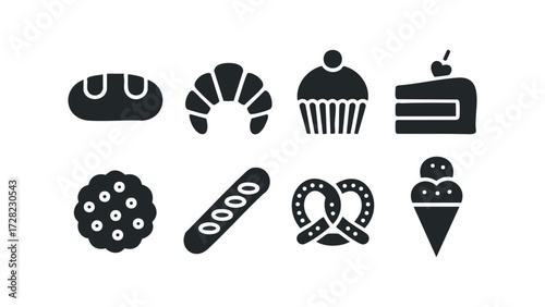 Bakery icons collection food symbols sweet and savory treats. Vector hand drawn illustration