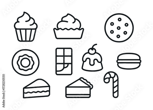 Dessert icons set: cupcake, cookie, chocolate, pie, macaron, candy cane