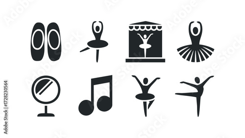 Ballet icons set with shoes, dancers, and stage. Vector hand drawn illustration