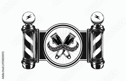 Classic barber pole design with vintage clippers and mustache emblem for a timeless masculine aesthetic