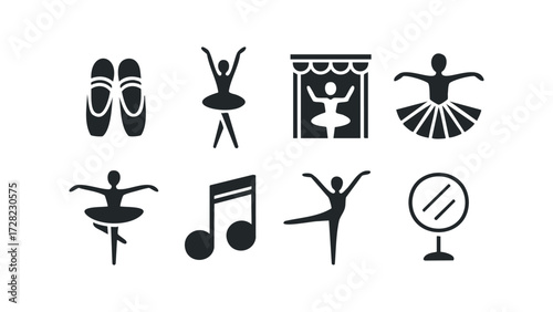 Ballet icons collection with pointe shoes and dancers. Vector hand drawn illustration