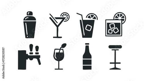 Collection of beverage and bar icons. Vector hand drawn illustration