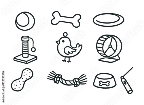 Pet toys and accessories collection: ball, bone, frisbee, bird, and more for animal fun