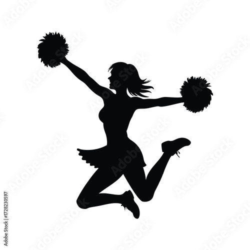 Silhouette of a Cheerleader Jumping with PomPoms in Black and White Illustration, cheerleader dancing with pom poms silhouette vector illustration