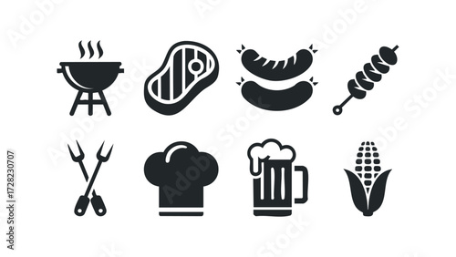 Grilling icons for barbecue and cooking. Vector hand drawn illustration