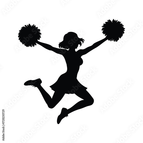 Silhouette of energetic cheerleader leaping with pom poms in a dynamic pose, cheerleader dancing with pom poms silhouette vector illustration