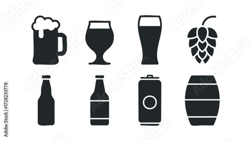 Beer glass bottle can and hop icons. Vector hand drawn illustration