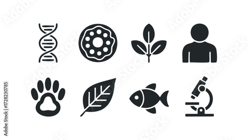 Eight diverse icons representing science biology nature food and people. Vector hand drawn illustration