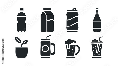 Various liquid containers and beverages icon set. Vector hand drawn illustration