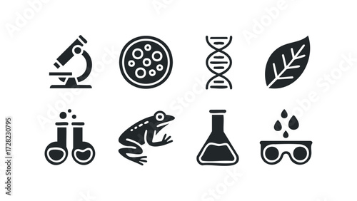 Science and biology icons collection with laboratory tools and specimens. Vector hand drawn illustration