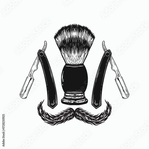 Vintage barber shop design elements featuring a classic shaving brush, straight razors, and a stylish mustache for timeless grooming appeal