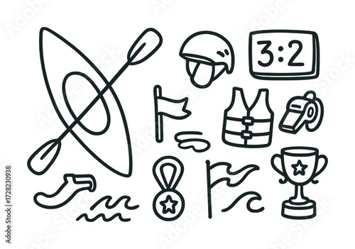 Canoeing and kayaking doodle set with equipment and icons