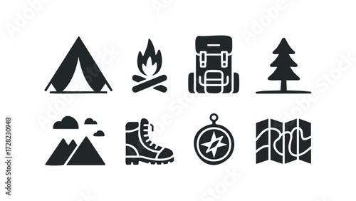 Camping and hiking gear icons set. Vector hand drawn illustration
