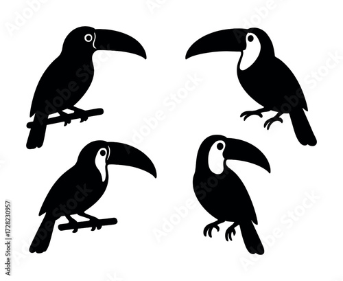 Silhouette vector art of toucans in different poses on branches