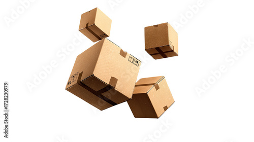 Several light brown cardboard boxes, stacked and loosely grouped, appear to be in mid-air