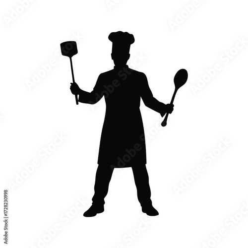 Silhouette of Chef holding spatula and spoon ready to cook some delicious food, chef holding ladle silhouette vector illustration