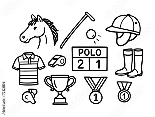 Polo icon set: horse, gear, trophy, medals, scoreboard in black and white