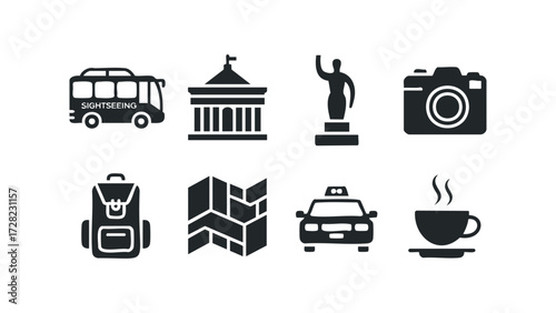 Travel and tourism icons for vacation planning. Vector hand drawn illustration
