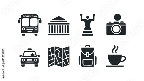 Set of simple icons representing travel and leisure activities. Vector hand drawn illustration