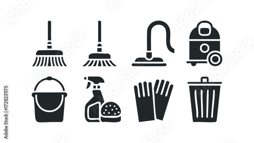 Household cleaning tools icons set. Vector hand drawn illustration