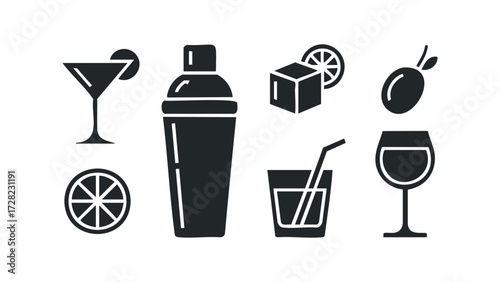 Cocktail bar elements set with shaker and glasses. Vector hand drawn illustration