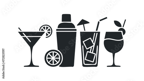 Cocktail shaker and glasses with citrus slices and ice cubes. Vector hand drawn illustration