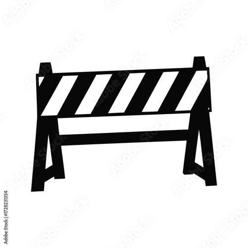 Stylized black and white road hazard barrier construction work zone illustration, construction barrier silhouette vector illustration