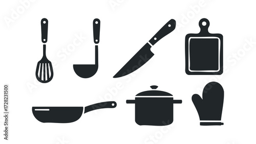 Collection of Kitchen Utensils and Cookware Silhouettes. Vector hand drawn illustration