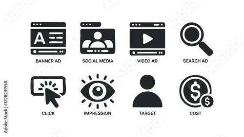 Online advertising and marketing icons set with money and analytics. Vector hand drawn illustration