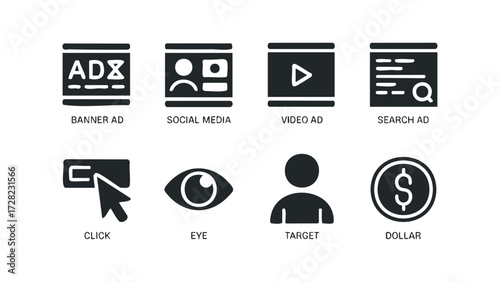 Online Advertising Icons With Business Concepts. Vector hand drawn illustration