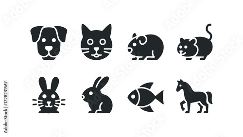 Collection of stylized black pet and animal silhouette icons. Vector hand drawn illustration