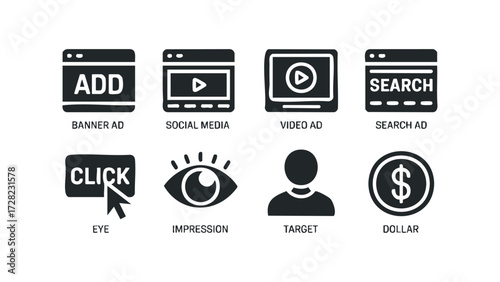 Online advertising icons for marketing and sales. Vector hand drawn illustration