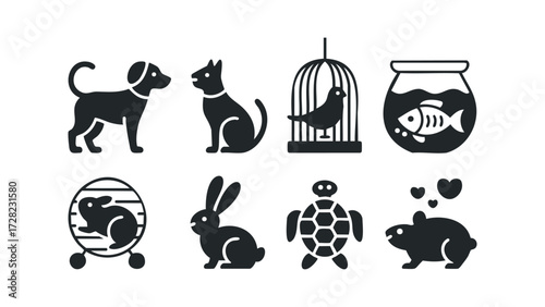 Collection of pet icons including dog, cat, bird, fish, rabbit, and turtle. Vector hand drawn illustration