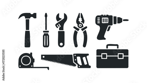 Collection of Hand and Power Tools for Construction and Repair. Vector hand drawn illustration