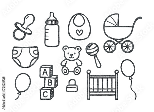 Hand-drawn baby icons: pacifier, bottle, stroller, blocks, toys, and more
