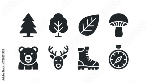 Nature and outdoor adventure icon set. Vector hand drawn illustration