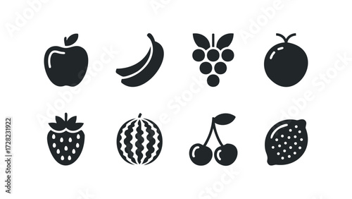 Set of eight stylized fruit icons including apple, banana, grapes, plum. Vector hand drawn illustration