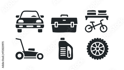 Set of icons representing transportation, tools, and vehicle maintenance. Vector hand drawn illustration