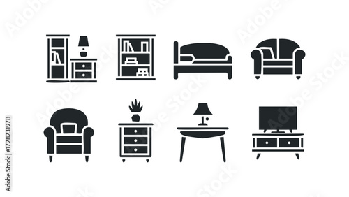 Collection of furniture icons including sofa, bed, chair, cabinet, and table. Vector hand drawn illustration