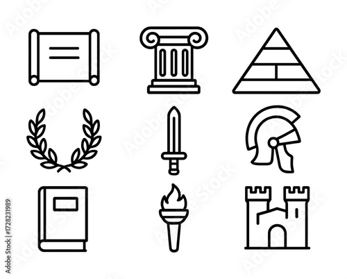 Ancient civilization icons: scroll, column, pyramid, laurel, sword, helmet, book, torch, castle