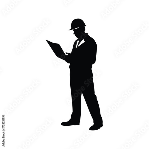 Silhouette of an engineer in hardhat reviewing blueprints on white background, construction worker inspecting site silhouette vector illustration